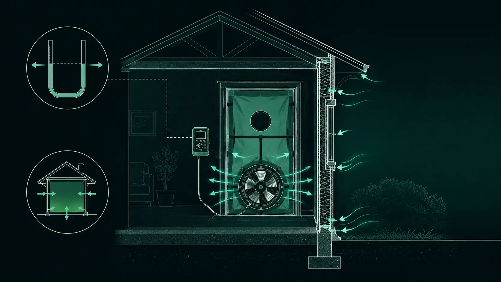 Principe du test Blower Door : un ventilateur calibré monté dans une porte met le bâtiment en pression, tandis qu'un manomètre mesure la différence de pression sur l'enveloppe et que l'air s'infiltre par les défauts.